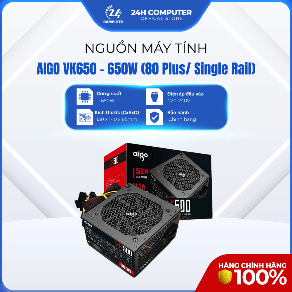 Nguồn AIGO VK650 - 650W (85 Plus/ Active PFC/ Single Rail), 24H Computer - Bảo hành 36 tháng