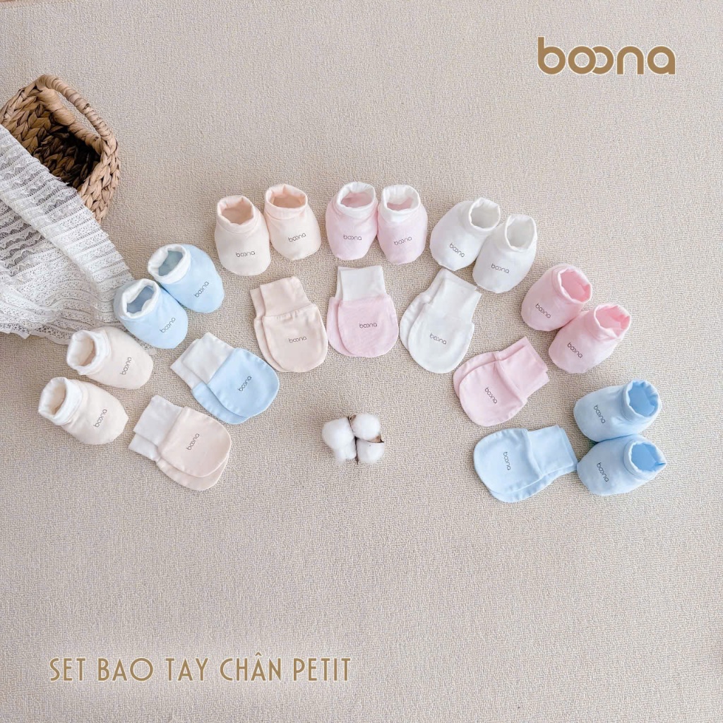 Set bao tay, bao chân Boona cho bé sơ sinh chất liệu petit in chữ co dãn 4 chiều