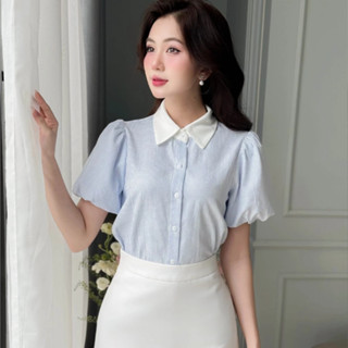 Áo Sơ Mi Nữ Cổ Đức Kẻ Sọc Tay Phồng Chất Liệu Oxford Dáng Vừa, Áo Sơ Mi Nữ Công Sở Ngắn Tay Lịch Sự Phong Cách Hàn Quốc