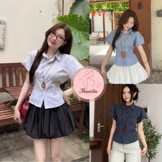 Áo kiểu nữ kẻ sọc tay bồng phối dây thắt eo , áo sơ mi nữ cổ đức chiết eo dáng lửng chất thô mềm- MA347 MANILA