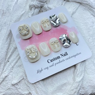  KL005 Nail Box Móng Tay Giả Thiết Kế Sang Chảnh Phối Nơ Bạc Đính Đá Phong Cách Hàn Quốc Hot Trend 