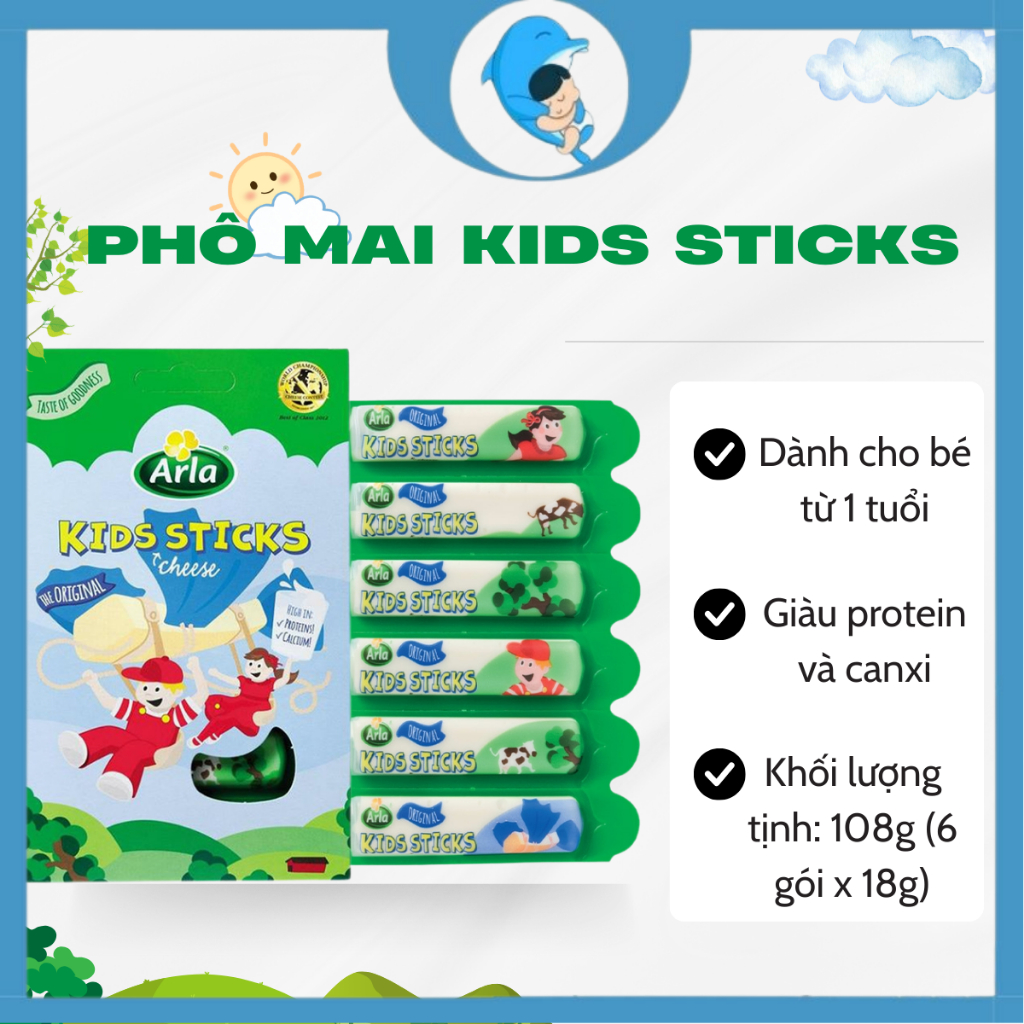 Phô mai que Arla Kids Sticks vị thơm ngon Hộp 6 gói (18g) cung cấp protein, canxi cho trẻ em