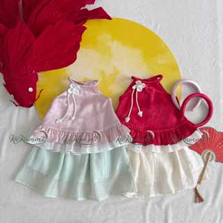 [Tặng bờm]Set lụa cổ yếm đính hoa phối chân váy tơ Tết Trung Thu cho bé gái, Set lụa Trúc Nguyệt Kakummi (KM25-ST529)