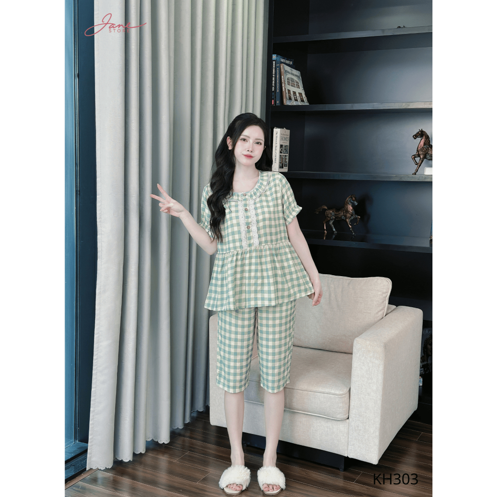 [JANE STORE] Set Kẻ Caro Phối Ren Bèo Đơn Giản, Dễ Mặc - Bộ Đồ Lửng Chất Đũi Lạnh Mềm Nhẹ KH30