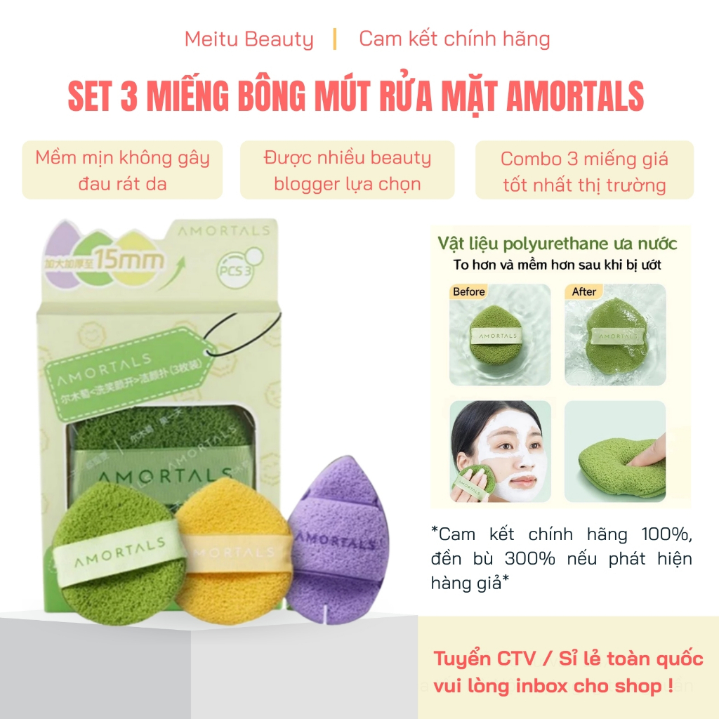 Bông mút rửa mặt Amortals hộp 3 miếng làm sạch da mặt, Miếng rửa mặt Amortals mềm mại, Meitu Beauty