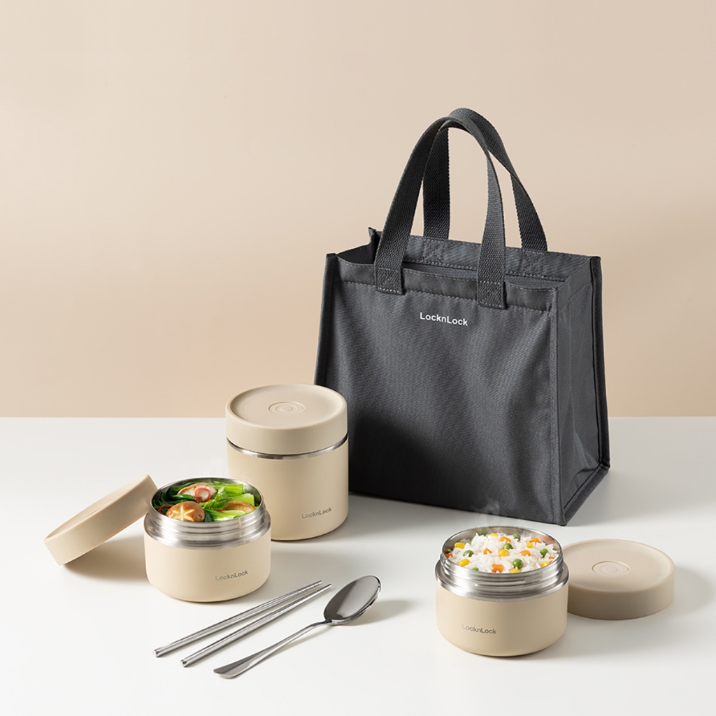 Bộ 3 hộp cơm giữ nhiệt LocknLock Lunch Box LHC8052S01 LHC8052S02 1.1L kèm túi, muỗng đũa - JoyMall | BigBuy360 - bigbuy360.vn