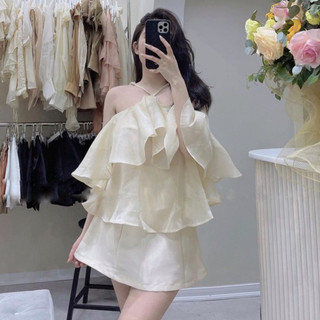  Set áo tơ bèo cổ yếm trễ vai Dilyshop chất tơ óng mềm mại kèm chân váy tafta chữ A sang trọng 