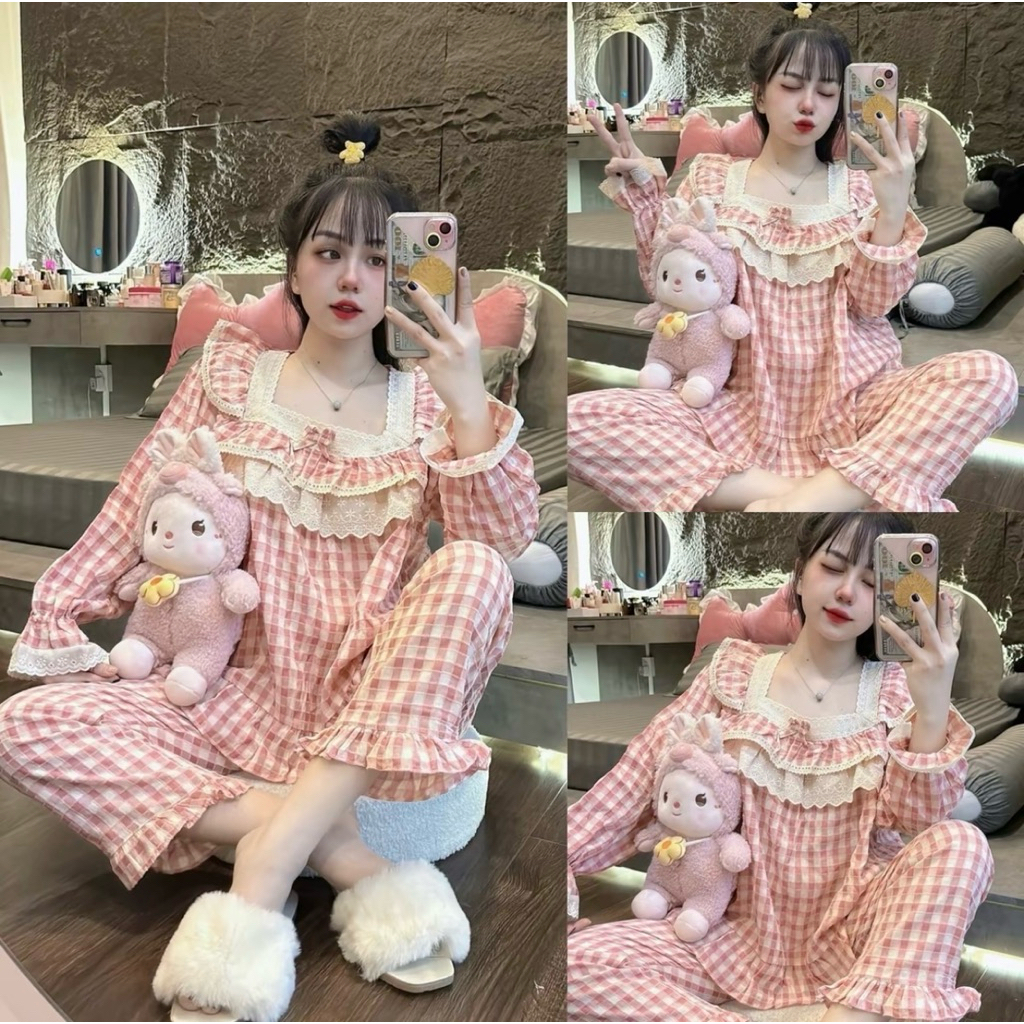 Set Bộ Ngủ Pijama Nữ , Bộ Ngủ Vải Kẻ Cổ Mã Mới