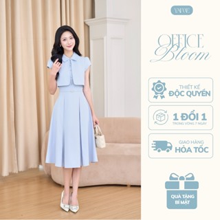 Váy Đầm Thiết Kế Nữ YAME Cổ Sơ Mi Phối Áo Choàng Croptop Cúc Đá Chiết Eo Dáng Xòe Dài Xanh Thiên Thanh - Stellar YV686