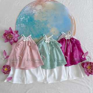 Bộ quần áo yếm đính hoa Tết Trung Thu cho bé gái, set quần áo lụa Ngân Hoa Kakummi (KM25-ST553)