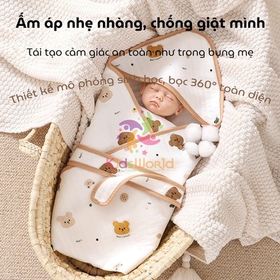 Ủ choàng cho bé KidsWorld Cotton nguyên chất có mũ trùm kèm đai, khăn quấn cho bé KT 80*80cm