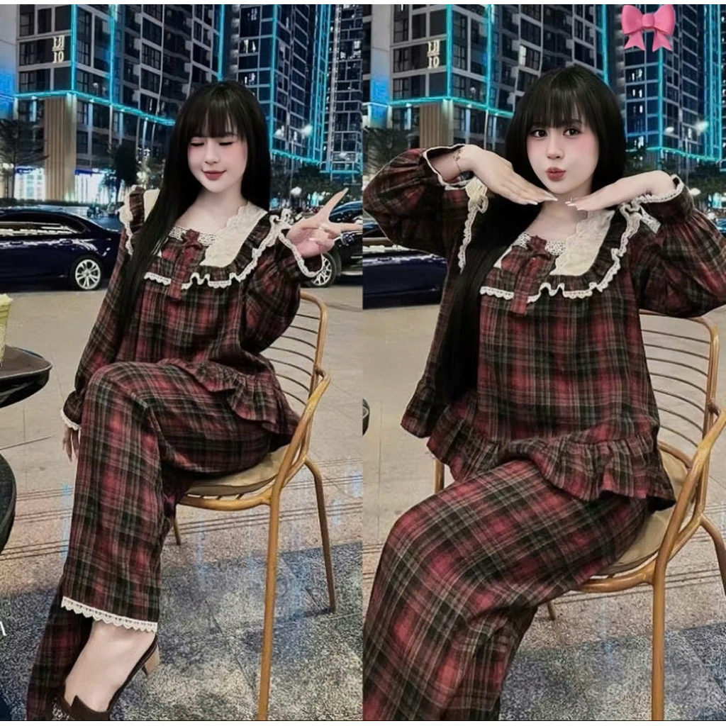 Set Bộ Ngủ Pijama Nữ , Bộ Ngủ Vải Kẻ Dạ MVTT Tay Dài