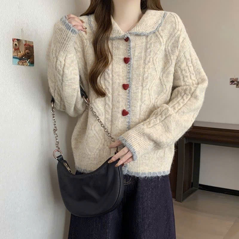 [SẴN] Áo Khoác Cardigan Nữ cổ Polo màu be Dày Dặn Cúc Tim, Áo Khoác Len Cổ Bẻ Điệu Đà Dễ Phối Đồ - 155 | BigBuy360 - bigbuy360.vn
