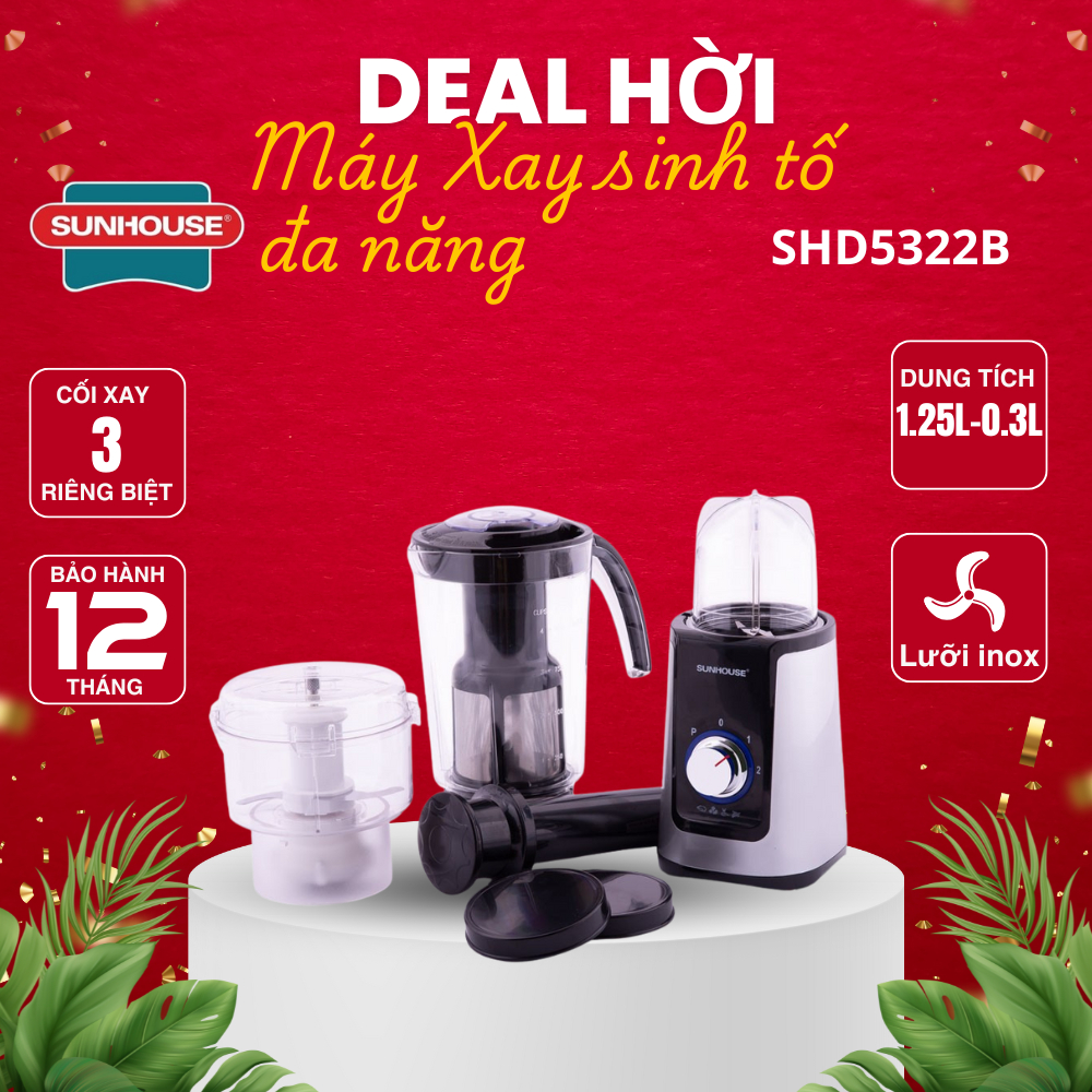 Máy xay sinh tố đa năng SUNHOUSE SHD5322B - Lưỡi dao inox sắc bén, thiết kế riêng cho từng loại thực phẩm