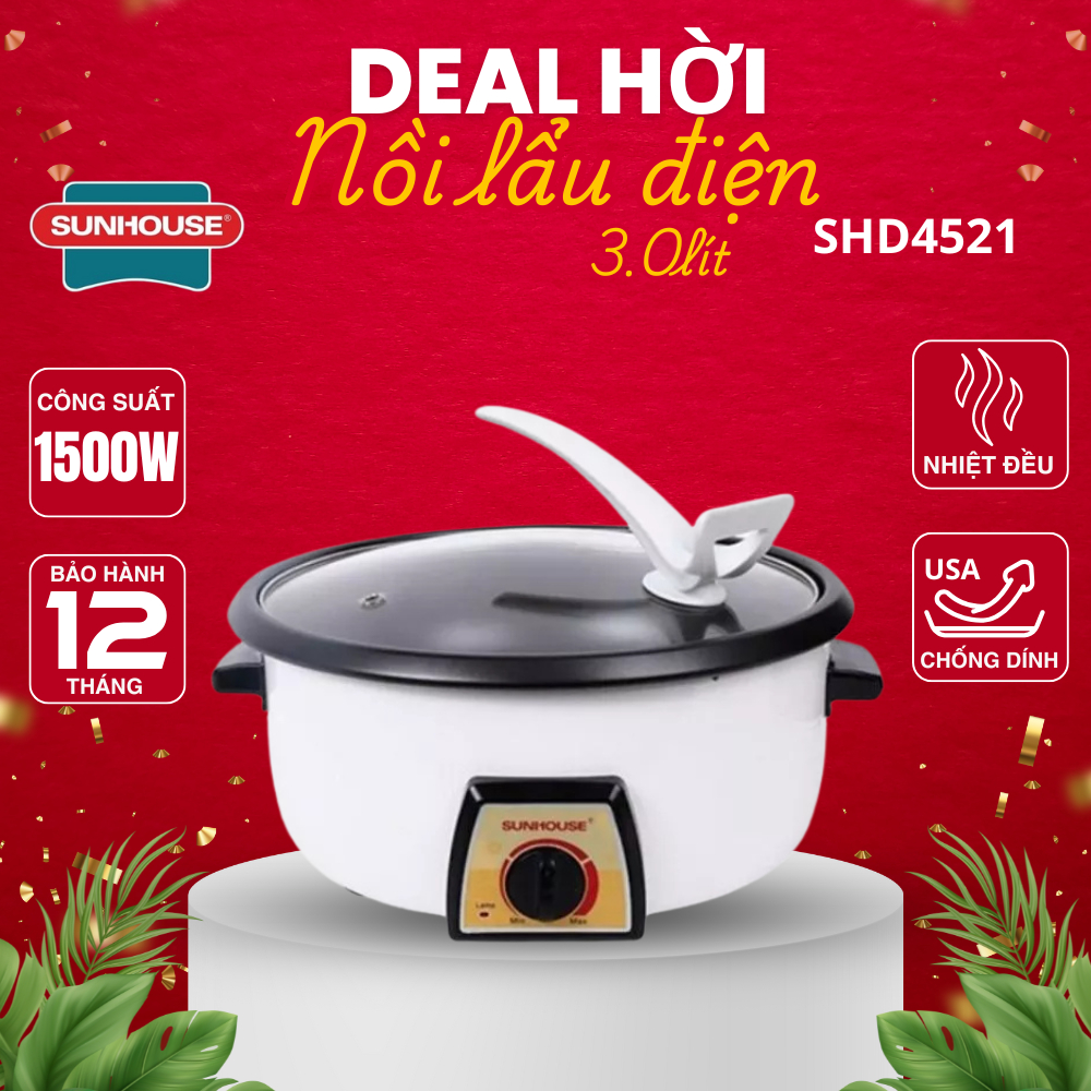 Nồi lẩu điện đa năng Sunhouse SHD4521 dung tích 3L chống dính tháo lắp dễ dàng vệ sinh nắp kính
