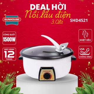 Nồi lẩu điện đa năng Sunhouse SHD4521 dung tích 3L chống dính tháo lắp dễ dàng vệ sinh nắp kính