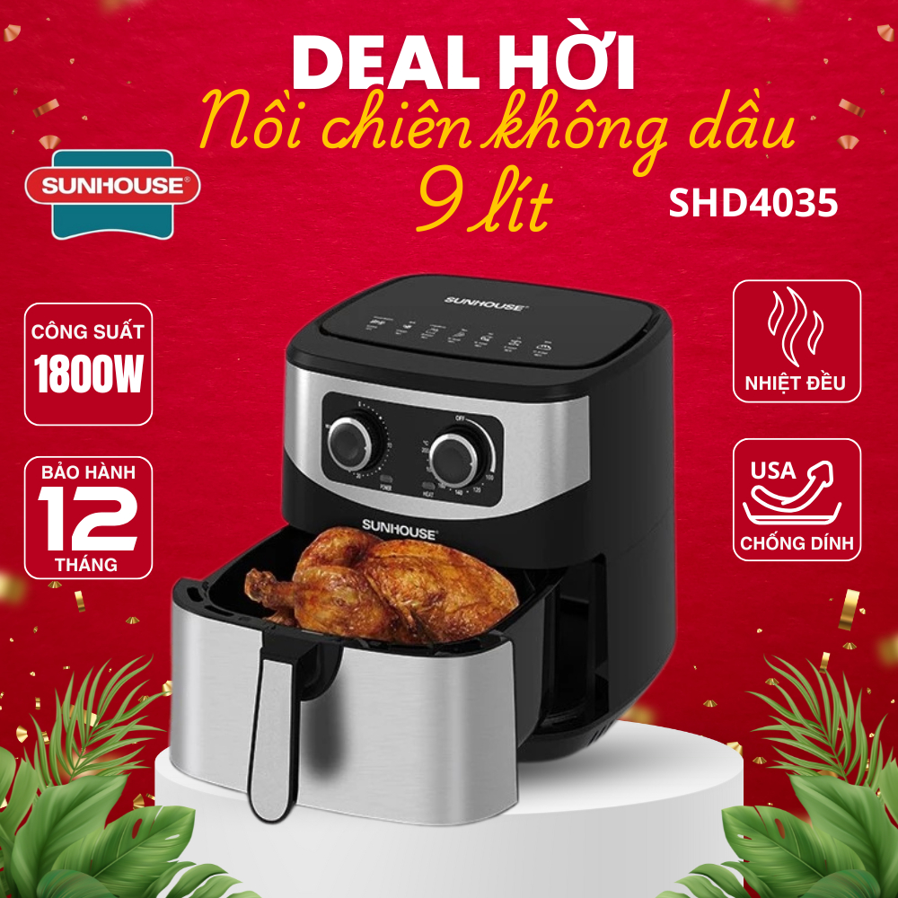 Nồi chiên không dầu 9L Sunhouse SHD4035 dung tích 9L chiên nướng được lượng lớn thức ăn
