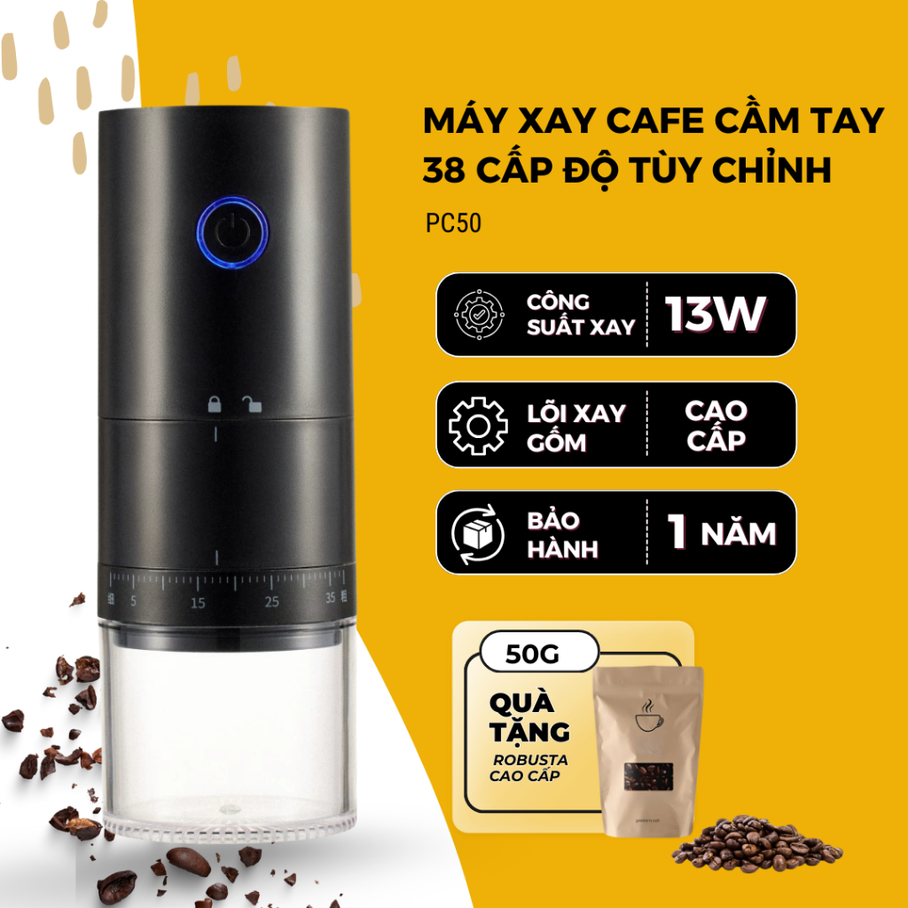Máy xay hạt cà phê cầm tay Phincong PC50, 38 cấp độ mịn + Tặng 50G hạt Robusta