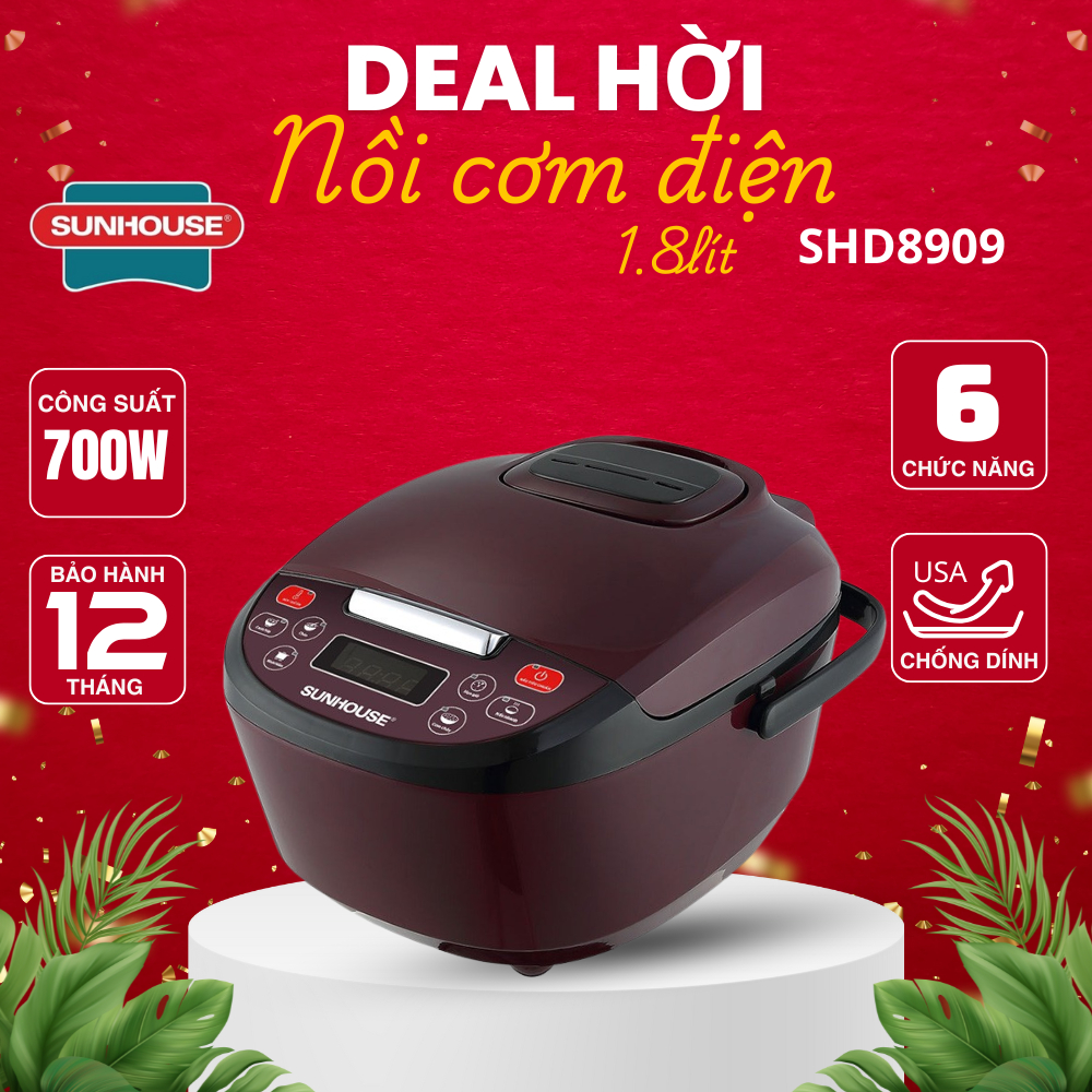 Nồi cơm điện tử 1.8L Sunhouse SHD8909 | Công suất 700W | Ruột nồi 5 lớp, phủ chống dính Whitford