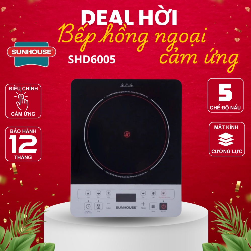 Bếp hồng ngoại cảm ứng SUNHOUSE SHD6005 - Có hẹn giờ và khóa trẻ em - Tặng kèm vỉ nướng
