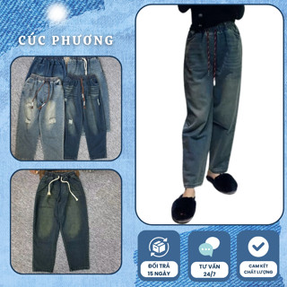 Quần bò nữ jean lưng thun cạp cao dáng baggy 9 tấc có big size đến 75kg vải mềm không co giãn dành cho nấm lùn