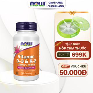 Vitamin D3 K2 Now 1000 IU 45 mcg của Mỹ hỗ trợ cho xương chắc khỏe 120 viên