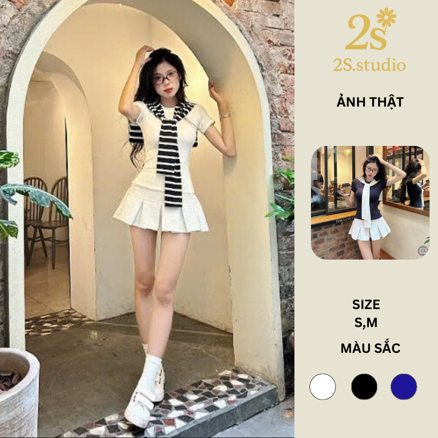 Set 3 Món Áo Thun Ôm body Chân Váy Nỉ Form Xếp Ly Xòe kèm Khăn choàng Thủy Thủ Tiểu thư Hàn quốc trẻ