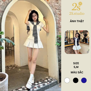 Set 3 Món Áo Thun Ôm body Chân Váy Nỉ Form Xếp Ly Xòe kèm Khăn choàng Thủy Thủ Tiểu thư Hàn quốc trẻ trung - S009