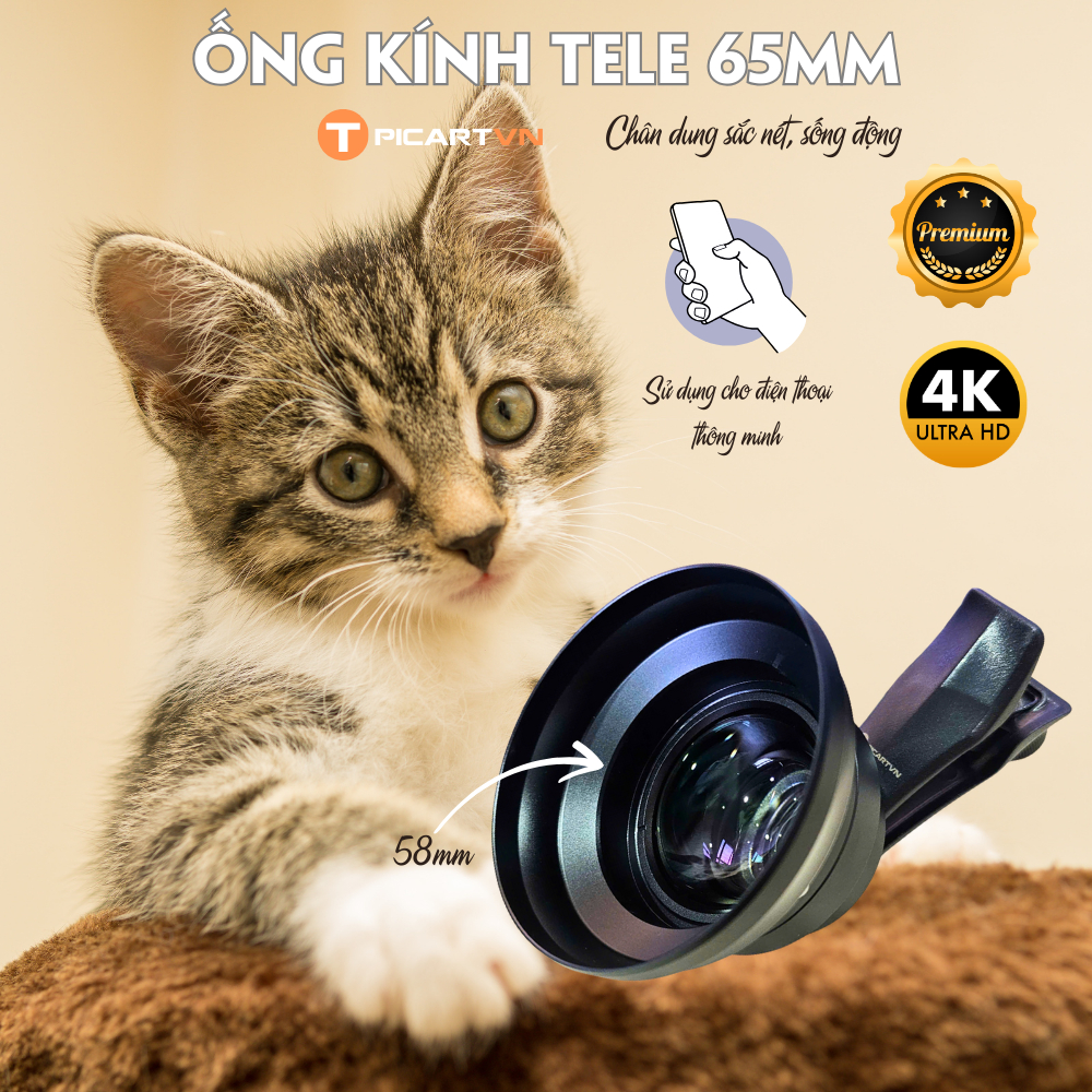 Ống kính điện thoại Telephoto HD 65mm T PICARTVN, ren sau 17mm, lens chân dung
