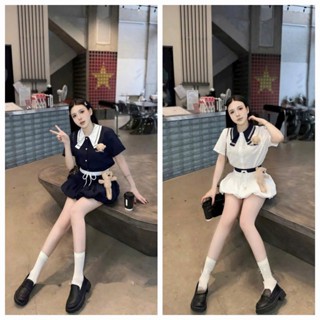  Set váy nữ áo thiết kế cổ thủy thủ tay ngắn kèm gấu lớn chất mango phối chân váy bí dáng ngắn phồng có quần trong xinh 