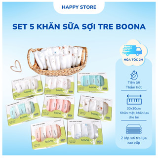  Set 5 khăn sữa sợi tre Boona cho bé sơ sinh 2 lớp mềm mịn rửa mặt tắm cho bé sơ sinh Size 30x30cm 