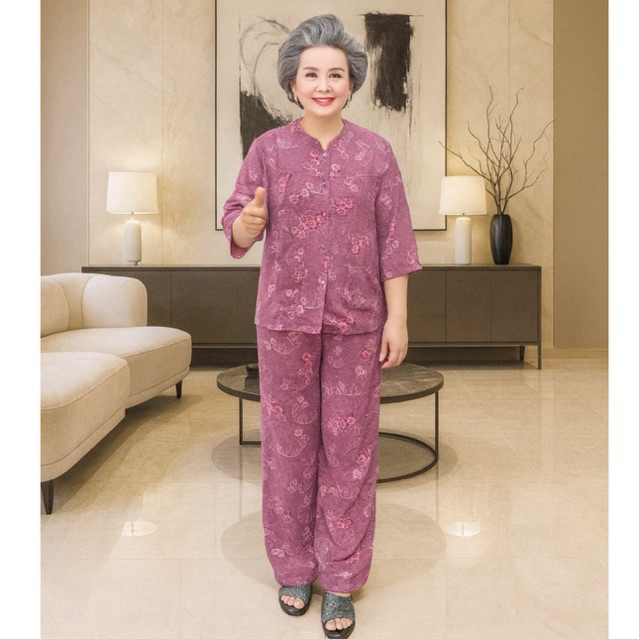 Áo người già 70 tuổi – Đồ bộ bà già, đồ mặc nhà người cao tuổi, chất vải lụa tuyết thoáng mát