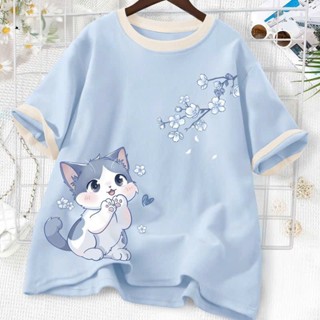 Áo thun tay lỡ họa tiết MÈO CUTE và HOA ĐÀO unisex nam nữ phông form rộng teen cổ tròn oversize cotton giá rẻ basic