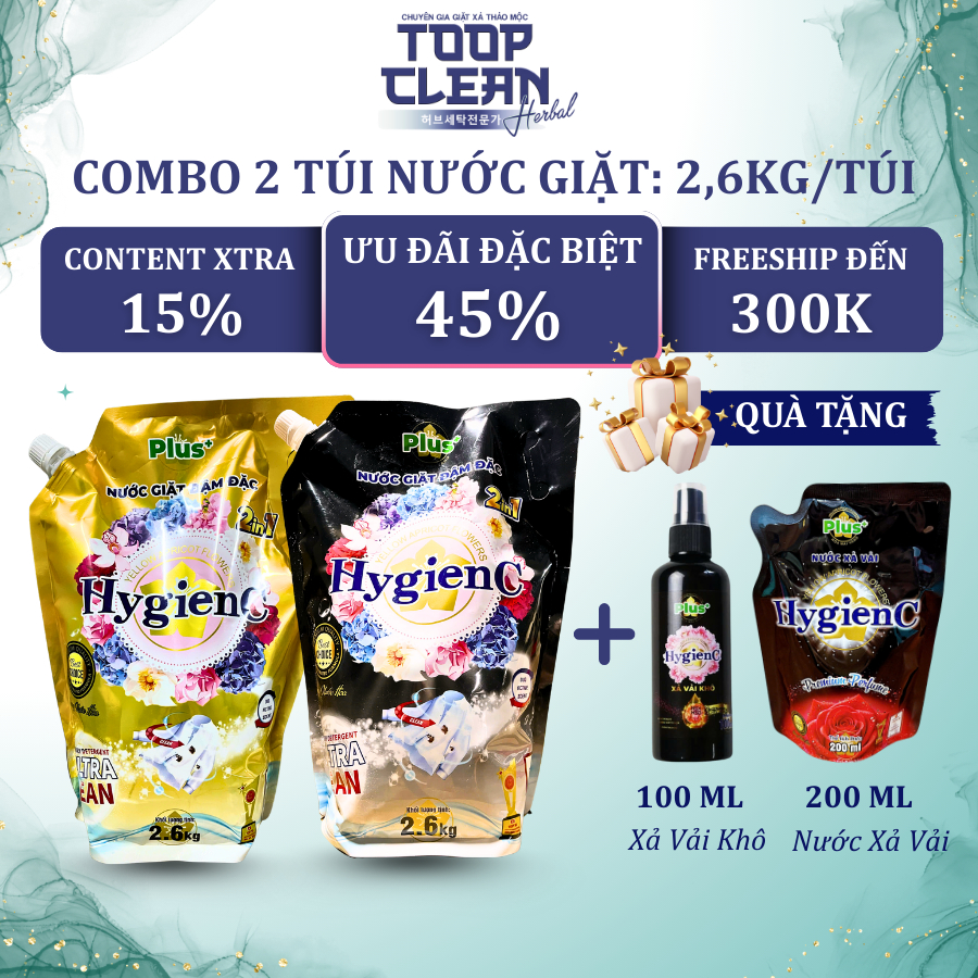 Combo 2 Túi Nước Giặt Đậm Đặc HygienC Plus 2.6Kg Hương Nước Hoa - Sản Xuất Tại Việt Nam