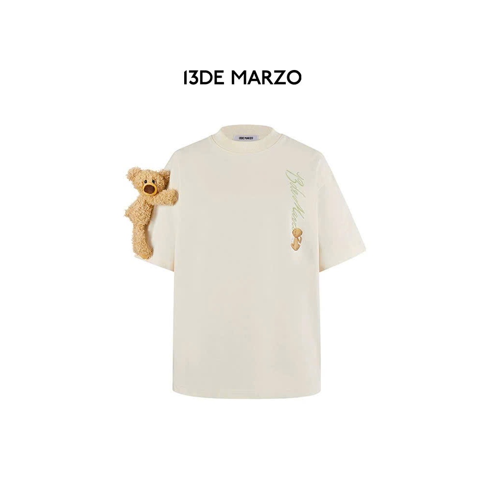 13DE MARZO Áo phông Macaron Logo Papyrus Cotton thời trang cổ tròn Đính gấu Teddy