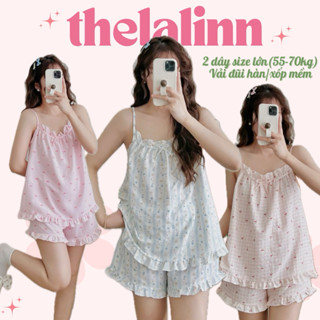   55-70KG  Set pijama đũi hàn xốp mềm 2 dây mềm mại hoạ tiết xinh xắn. Bộ ngủ nữ đũi cotton dây mùa hè 