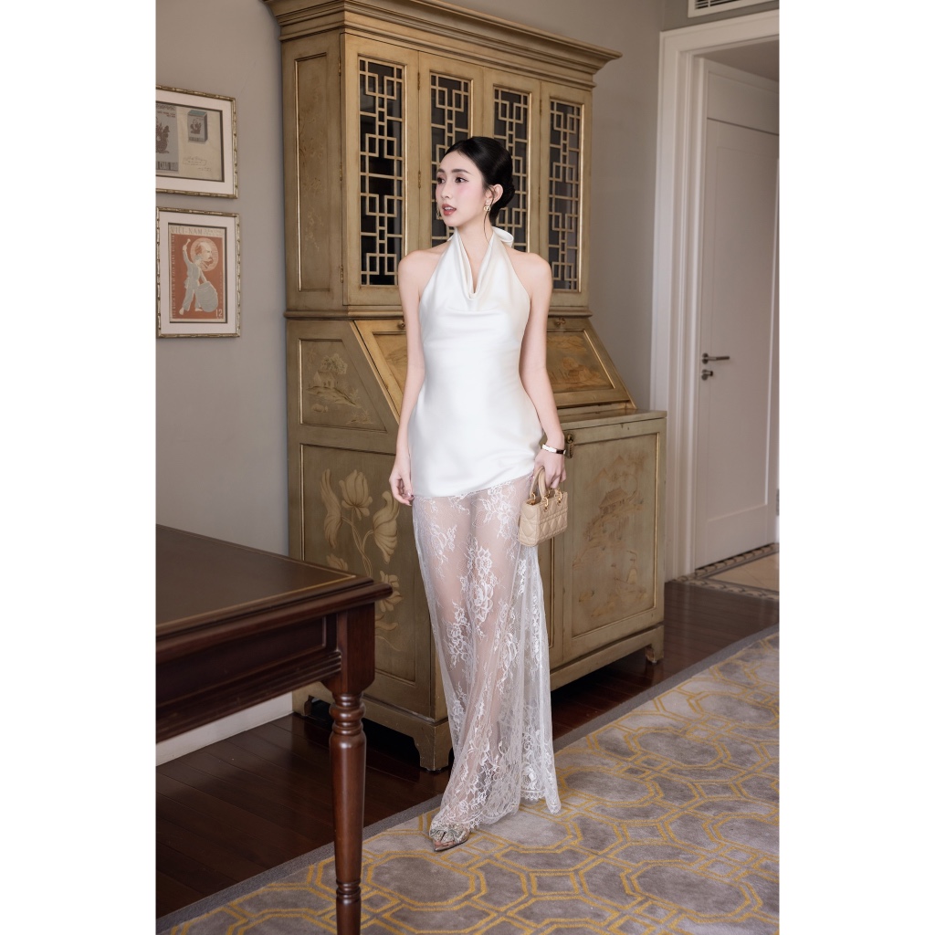 LỤA STUDIOS - Đầm lụa phôi ren cao cấp thiết kế riêng dự tiệc sự kiện sang trọng màu trắng đen và pa