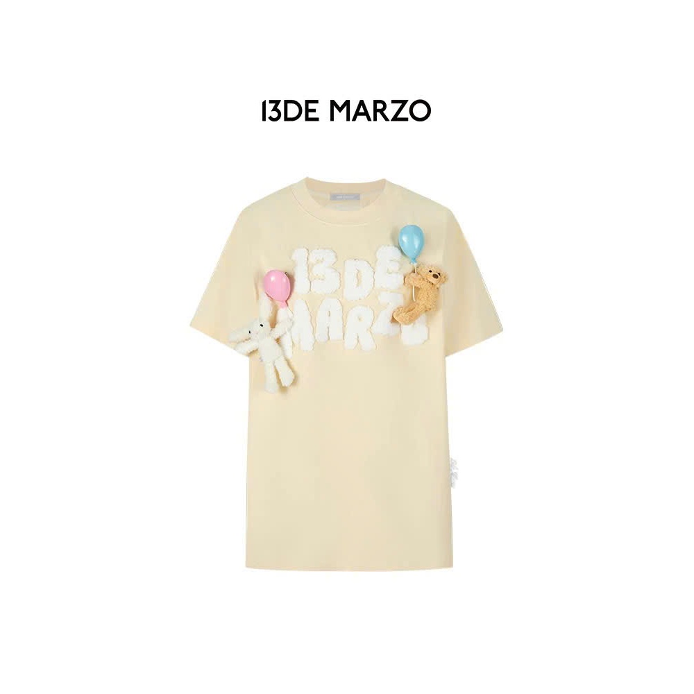 13DE MARZO Áo phông Float Cloud Balloon Cotton thời trang cổ tròn Đính gấu Teddy