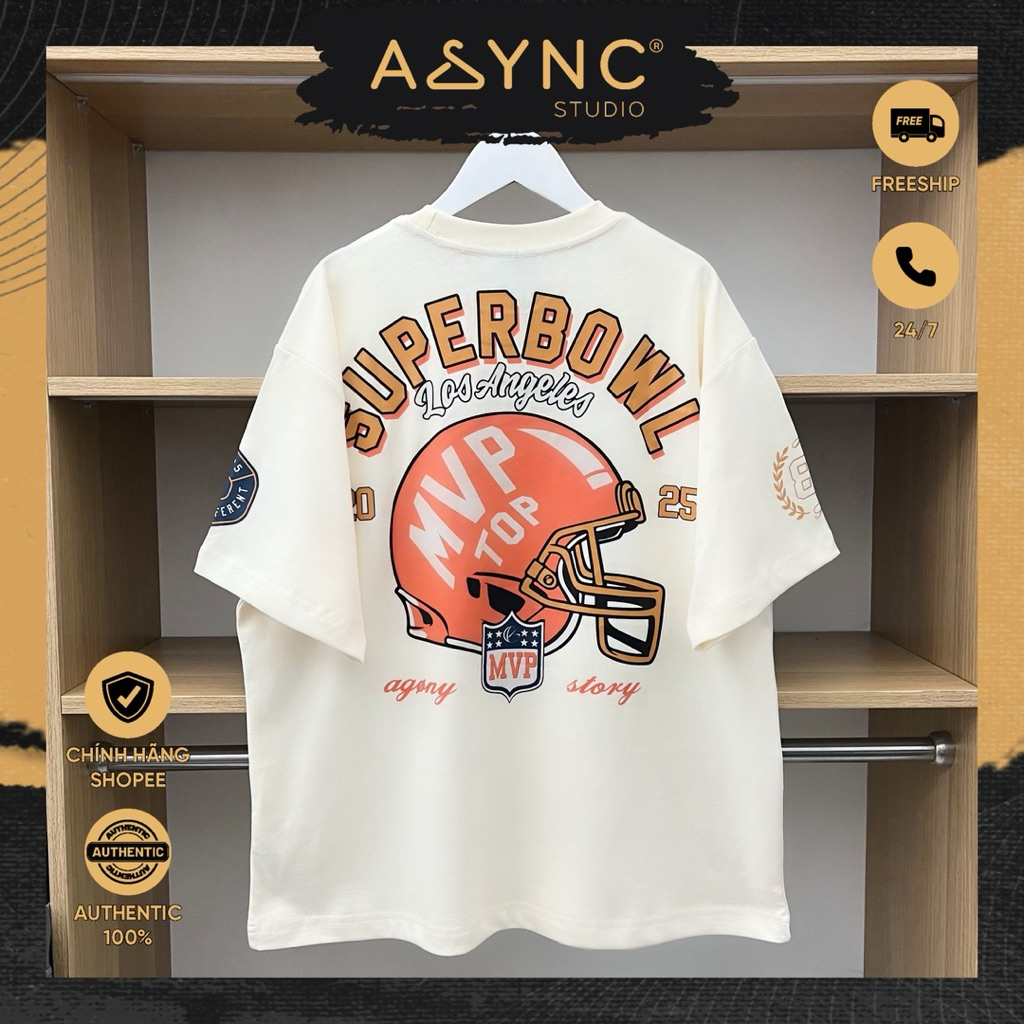 (Auth) Áo Thun Agony Story Los Angeles Supperbowl MVP TOP Big Logo 2025 Màu Kem - Async Studio