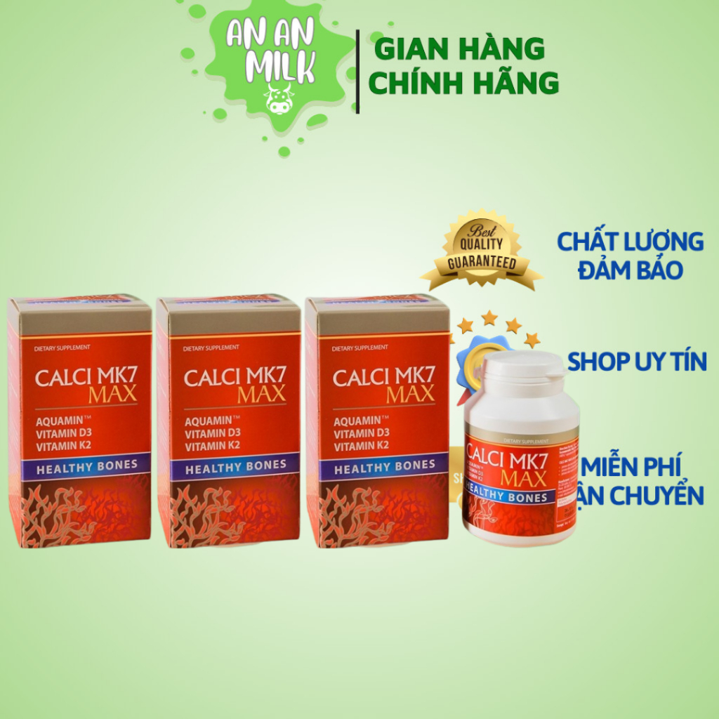 [COMBO 3 HỘP] canxi MK7 Max- viên uống bổ sung canxi tảo đỏ tự nhiên, vitamin D3 MK7 ( lọ 60 viên)