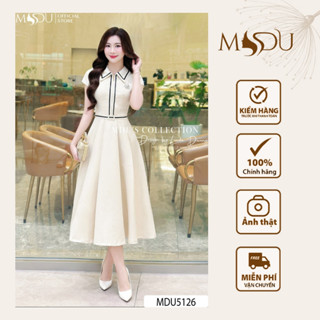  Váy Mango Ý MDU5126 Cổ Sơ Mi Cách Điệu Thắt Lưng Viền Đen Cùng Hoa Cài Ngực Tinh Xảo Từ MDU 