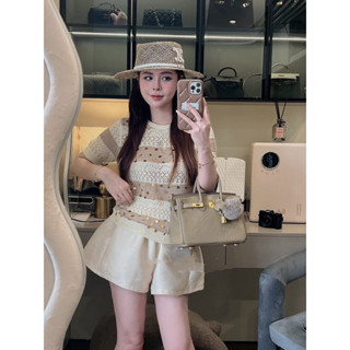    HÀNG QC   Áo Len Lưới Đính Kim Sa Kẻ Nâu Be 