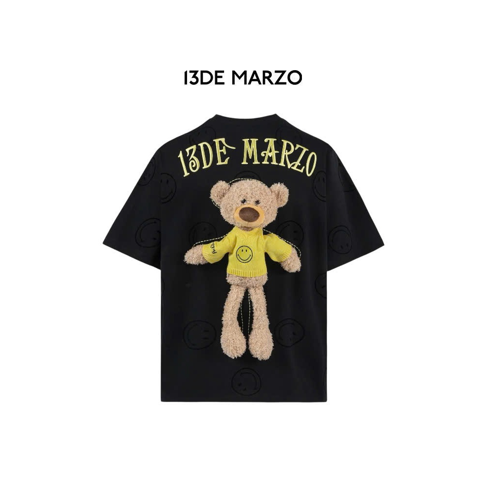13DE MARZO Áo phông Allover Smiley Palda Bear Cotton thời trang cổ tròn Đính gấu Teddy
