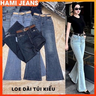  Quần jean ống loe dài cạp cao co giãn quần bò loe túi kiểu chà neo 