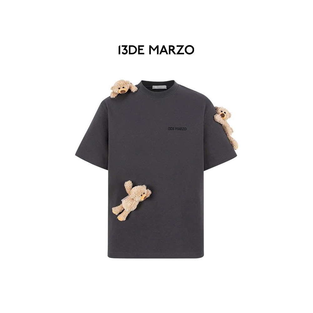 13DE MARZO Áo phông Doozoo Base Cotton thời trang cổ tròn Đính gấu Teddy