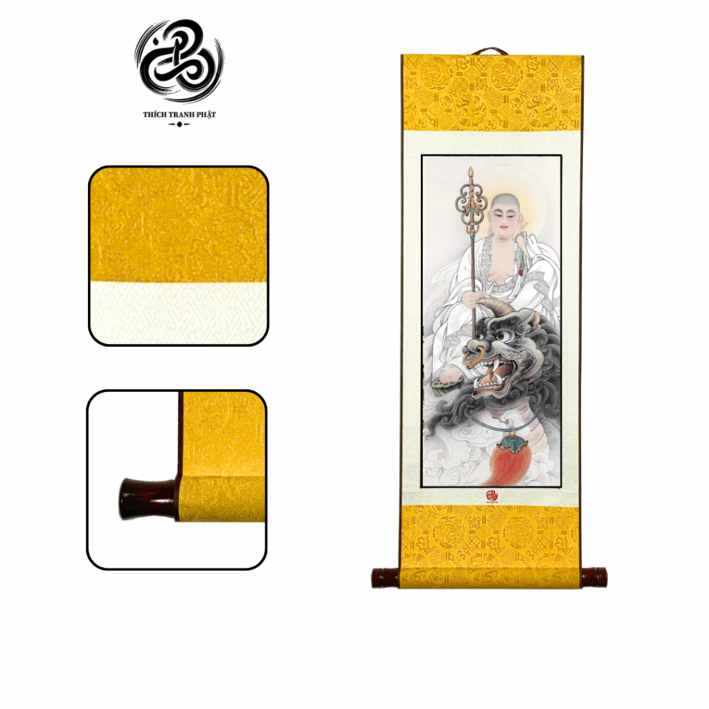 Tranh Liễn Địa Tạng Vương Bồ Tát Cưỡi Đề Thính - Giấy lụa, gỗ thông - 29x80cm tấm  liễn Trang Trí Nh