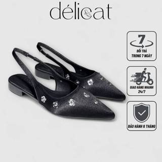Giày sục bệt nữ quai lụa tán hoa mai bạc xinh xắn sang trọng Délicat D235