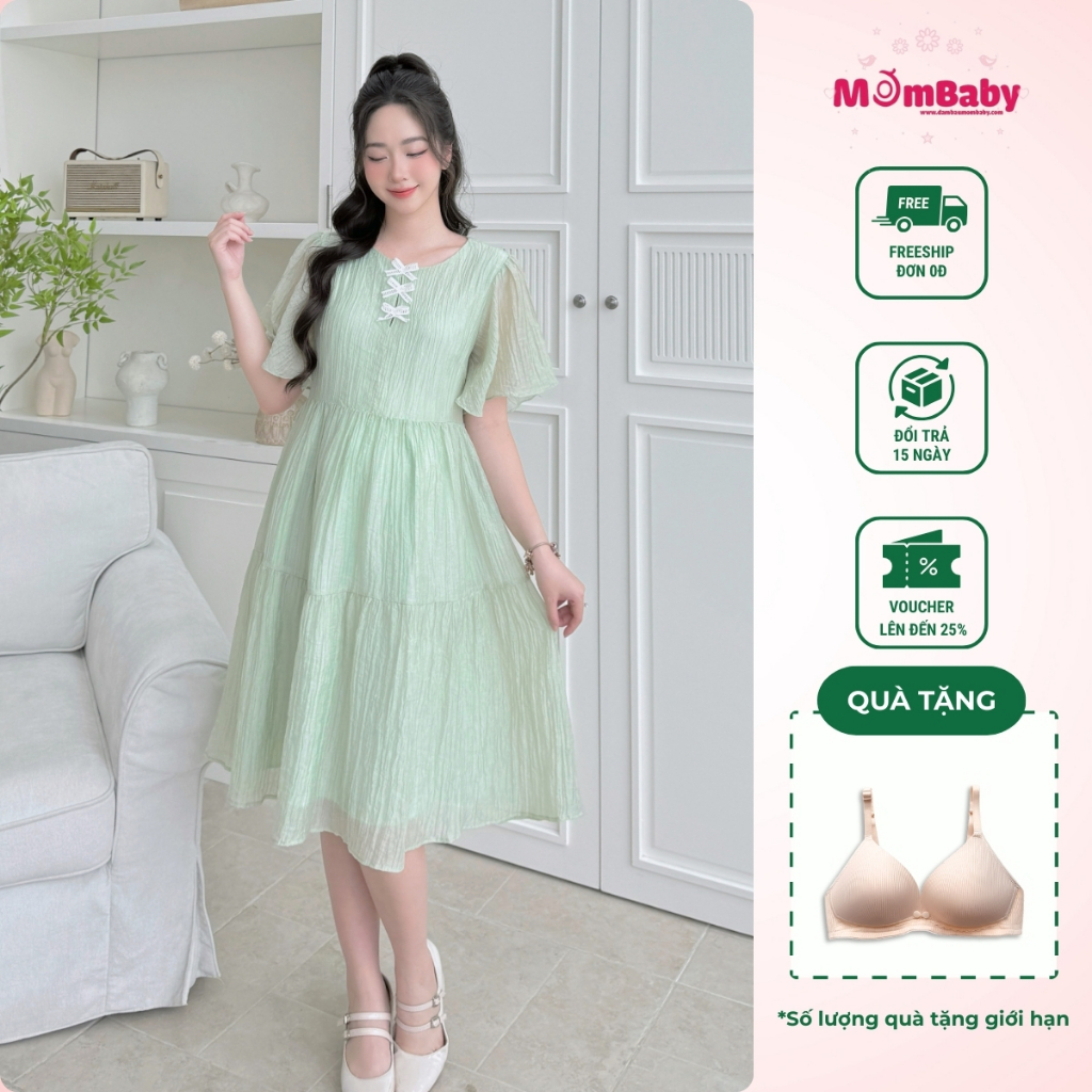 Đầm bầu thiết kế, váy bầu đi tiệc chất tơ gân mềm mại, cổ tròn phối tay cánh tiên dáng xòe tiểu thư 