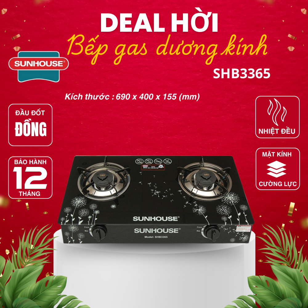 Bếp gas dương kính Sunhouse SHB3365, Mặt kính chịu lực, chịu nhiệt 7mm, Nhiệt đều, Tiết kiệm gas