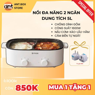 Nồi lẩu điện 5L 2 ngăn tự động ngắt công suất 1600W, nồi điện đa năng nấu lẩu, nướng, chiên, xào bảo hành 6 tháng